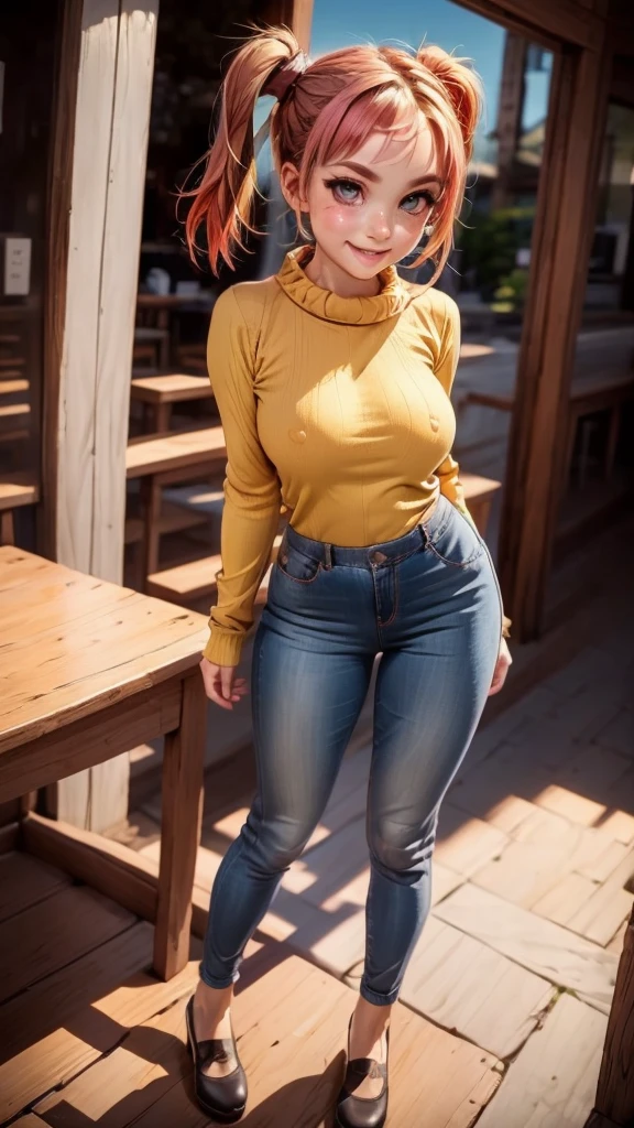 punk girl, grinning agressive expression, blue braided hair, standing at desk, knitted sweater, yellow translucent plastic pants, strong jawline, gorgeous face, shoes, full view from below, textured pants, very detailed facial features, crisp face, Perfect body, view from behind, from above, squatsextremely detailed CG unity 8k wallpaper, best quality, ultra-detailed, masterpiece, realistic, photo realistic, blush, parted lips, looking at viewer , half body shot , (Perona One Piece), ping long hair, blushing, beautiful face, embarrassed face, standing, arms behind head, cute face, goth outfit, twintails, outdoor, sakura blossom, stripe legging, skirt, smile at viewer,