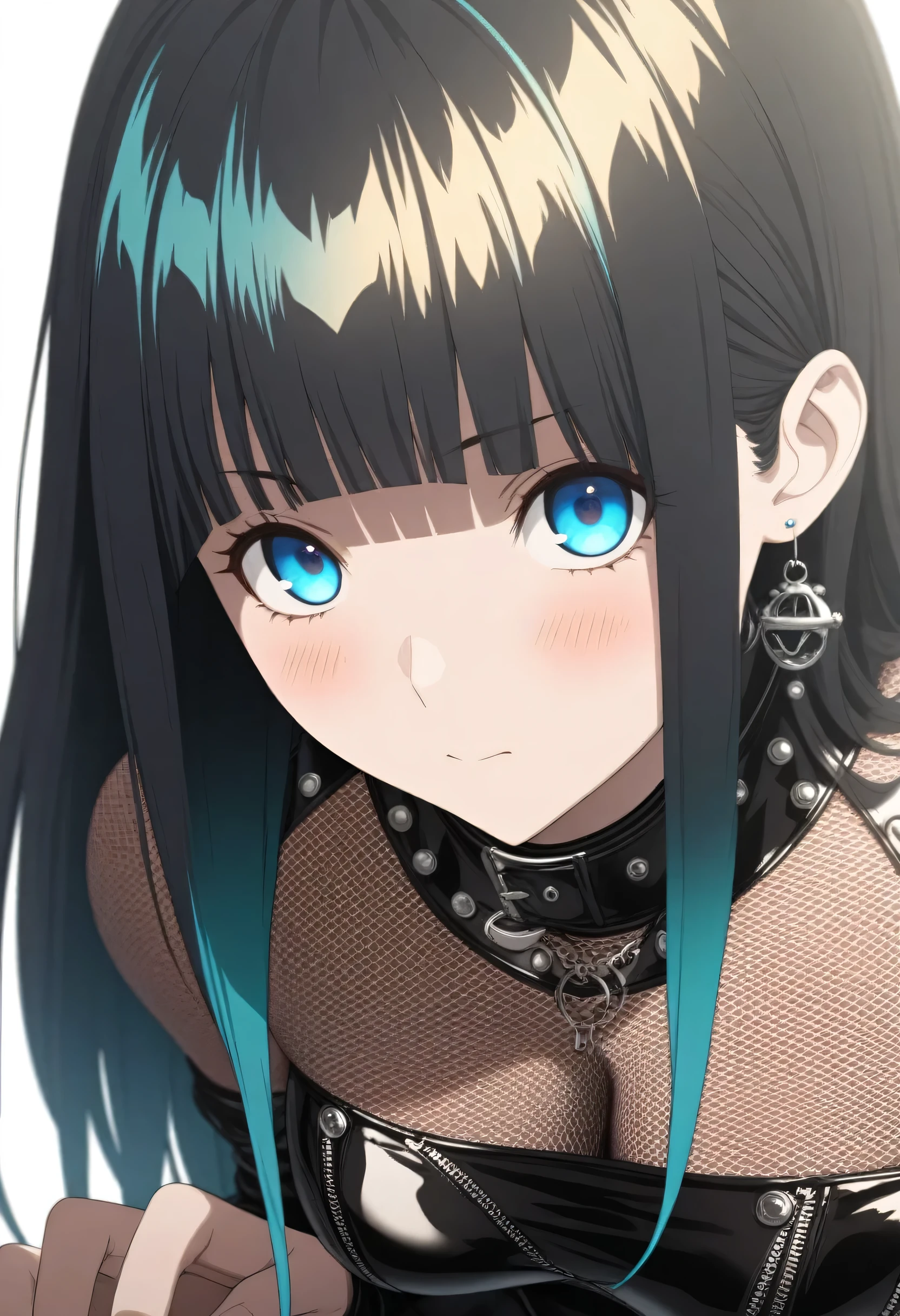 One Girl、blue eyes、White Line Gradient Hair、Bangs are straight,Detailed Background, masterpiece,Small breasts、 Highest quality, smile, ornament,Portraiture, Purple Neon, Glowing Eyes, Highest quality, ((Expressionless))、Get angry、Frowning、One Girl,(((Beautiful black hair color)))、(Emerald Blue Eyes:1.5), , Yellow hair growing on the eye, (Large Breasts:1.2), break looking at viewer, break indoors, break (masterpiece:1.2), Highest quality,High resolution, (shape:0.8), (Beautiful and beautiful eyes:1.6), Highly detailed eyes, Perfect lighting, Detailed CG, (Perfect hands, Perfect Anatomy)Haa、Embarrassing expression(1:2)、Rough I breatheing、(((White Background)))、White Background、Red face、blush、Embarrassing、((Vtuber model)),whole body、I breathe、Fishnet tights、Life-size model、panic、Platform boots、panic、((whole body))、Perfect hands、Perfect hands、Platform boots、Enamel Hair、Patent leather boots、Enamel set、punk rocker outfit、Earrings、Spiky accessories、Black patent leather tight jacket、Black patent leather tight skirt、Shiny Hair、Serum、Shiny、(((Shiny Hair)))、Shiny Hair