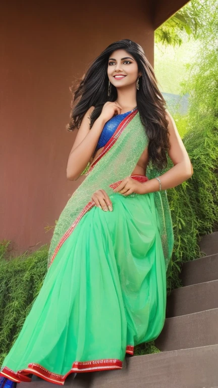 early morning scenario, sunrise scattering colors , ultrarealistic photography, incredible detailing, angelic beautiful, dusky south indian 25 years old girl, wearing net saree blouse petticoat, smiles, properly combed long hair, climbing down the stairs of a beautiful big house, house surrounded by trees, facing camera, focus on her, long shot, eye level shot, wide angle, ((zepto metric background detailing)), (masterpiece), ((intricate face features detailing)), photorealistic, photorealism, UHD image, 4k, 8k, 16k, zeta pixel image