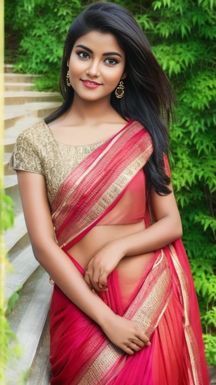 early morning scenario, sunrise scattering colors , ultrarealistic photography, incredible detailing, angelic beautiful, dusky south indian 25 years old girl, wearing net saree blouse petticoat, smiles, properly combed long hair, climbing down the stairs of a beautiful big house, house surrounded by trees, facing camera, focus on her, long shot, eye level shot, wide angle, ((zepto metric background detailing)), (masterpiece), ((intricate face features detailing)), photorealistic, photorealism, UHD image, 4k, 8k, 16k, zeta pixel image