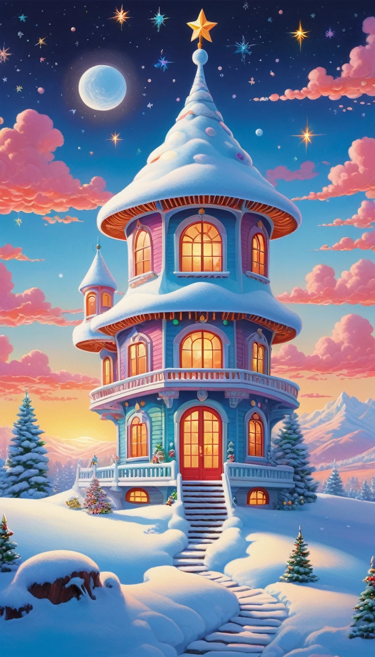 A dreamy Christmas scene,The protagonist is a house built in the shape of a sock,Nestled in a peaceful snowy setting。This sock house features highly decorative details,Presenting a colorful 80s air brush fantasy style。The setting is a winter night inspired by Agnes Pelton and Peter Max,Magical stars floating in the sky,The whole picture combines the visual style of Victor Moscoso and the illustration style of the 1970s。The warm light shines through the windows of the house,The roof is covered with thick snow,Soft footprints on the snow。The whole picture is full of fantasy and festive magic。