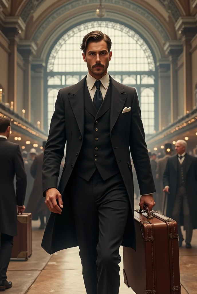 A tall young white man in a suit boarding a train with suitcases. Set in 1800