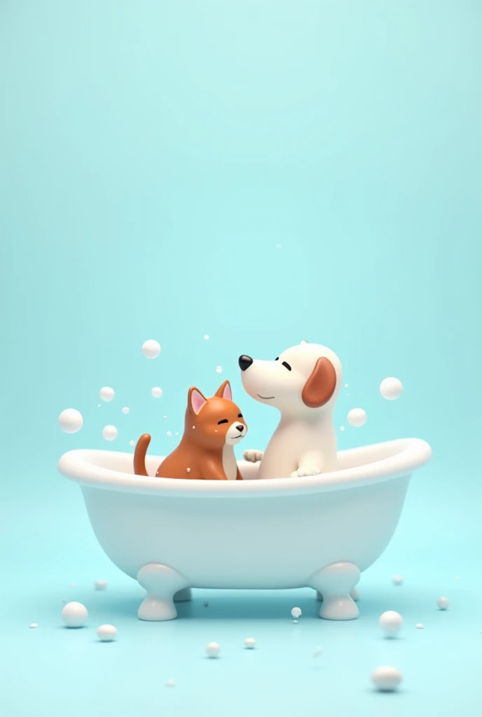 a minimalist style bathtub, Inside the tub a wet dog and cat, All the background is light blue bubbles