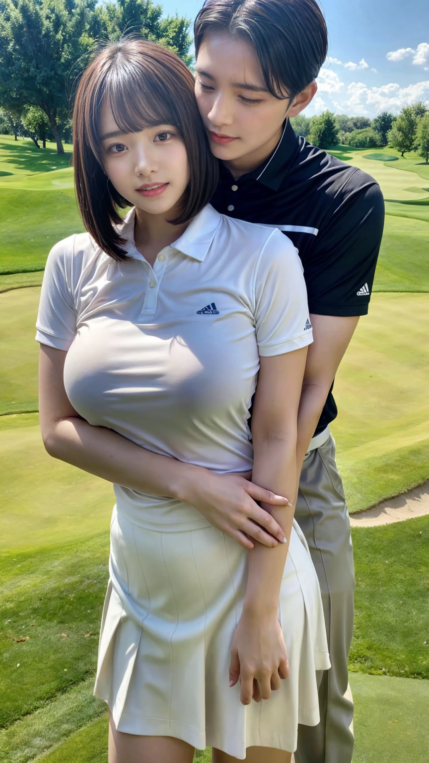 ****ung office lady being hugged from back by 1 man:1.2,close to each other:1.1), (man's hand touching her breast:1.1),very cute face,bob cut,white skin-tight golf uniform,embarrassed,golf course,perfect anatomy, masterpiece, best quality,8k,perfect face,from front,upper body