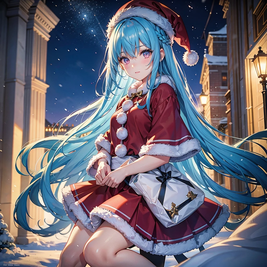 (Sky Blue Hair),(Braided Hair),(Pink Eyes),(Fair Skin),(Full Body),(Alone),(Santa Claus Clothes),(Giant Christmas Tree in the Background),(Snowy Night),Sparkling Night Sky,(Masterpiece, Top Quality, Very Detailed, Best Shadows),(Detailed Background),(Beautifully Detailed Face),High Contrast,(Best Lighting, Very Delicate and Beautiful),((Cinematic Light)),Hyper Detail,8k,Dramatic Light,Exquisite Detail,