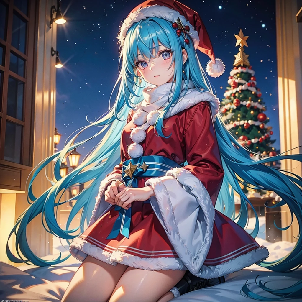 (Sky Blue Hair),(Braided Hair),(Pink Eyes),(Fair Skin),(Full Body),(Alone),(Santa Claus Clothes),(Giant Christmas Tree in the Background),(Snowy Night),Sparkling Night Sky,(Masterpiece, Top Quality, Very Detailed, Best Shadows),(Detailed Background),(Beautifully Detailed Face),High Contrast,(Best Lighting, Very Delicate and Beautiful),((Cinematic Light)),Hyper Detail,8k,Dramatic Light,Exquisite Detail,
