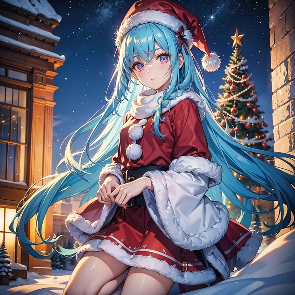 (Sky Blue Hair),(Braided Hair),(Pink Eyes),(Fair Skin),(Full Body),(Alone),(Santa Claus Clothes),(Giant Christmas Tree in the Background),(Snowy Night),Sparkling Night Sky,(Masterpiece, Top Quality, Very Detailed, Best Shadows),(Detailed Background),(Beautifully Detailed Face),High Contrast,(Best Lighting, Very Delicate and Beautiful),((Cinematic Light)),Hyper Detail,8k,Dramatic Light,Exquisite Detail,