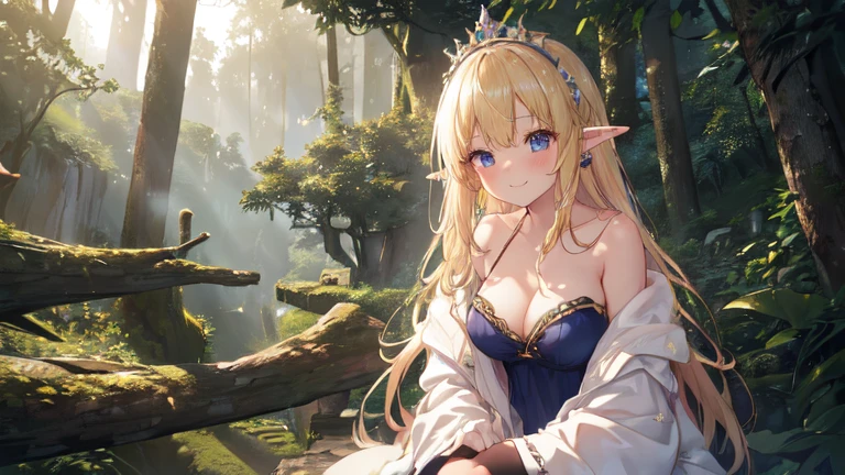 best quality、Highest image quality、Super beautiful elf beauty((22-year-old OL with big bust、Bust 90,Beautiful long permed hair、Blonde、Slender、beautiful tiara、high quality、Elf ears、Happy smile、myth、Sexy的、extremely good、Mysterious Forest、in the woods、super high quality, Super detailed, Ultra-clear, forest, one person, long blonde hair, sleep, Swimsuit, dress, dress, Bathrobe, mini skirt, Stockings, Sexy, looking into the distance,Overlooking,