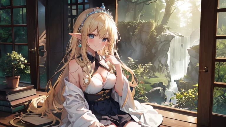 best quality、Highest image quality、Super beautiful elf beauty((22-year-old OL with big bust、Bust 90,Beautiful long permed hair、Blonde、Slender、beautiful tiara、high quality、Elf ears、Happy smile、myth、Sexy的、extremely good、Mysterious Forest、in the woods、super high quality, Super detailed, Ultra-clear, forest, one person, long blonde hair, sleep, Swimsuit, dress, dress, Bathrobe, mini skirt, Stockings, Sexy, looking into the distance,Overlooking,