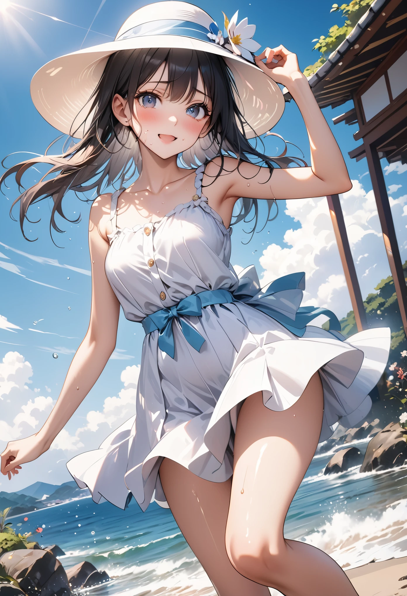 (((Japanese Landscape))), (((Walking along the coast of Japan))), ((Summer dress, sandals, white hat,)), (skirt), ((Shiny Costumes)), skindentation, skinny, solo, 1 woman, Masterpiece, highest quality, highest quality, 16K, incredibly absurd, highly detailed, 2.5D, ai-generated, delicate and dynamic, very delicate facial expressions, delicate eye depiction, erotic, only sexy woman, ((A cute and kind face)), healthy figure, ((25-year-old woman)), 160cm tall, medium firm swaying bust, Sweat,Embarrassed,sexy, ((thin thighs)), (camel toe:0.7), , (Erect nipples,:0.7), shiny and lustrous, facing straight at viewer, (((in heat))), ((Oily_skin)), ((Lots of sweat)), ((dutch angle)), ((erotic pose)), (((Very dynamic pose))), The countryside by the sea in Japan, the sea in midsummer, summer vacation,