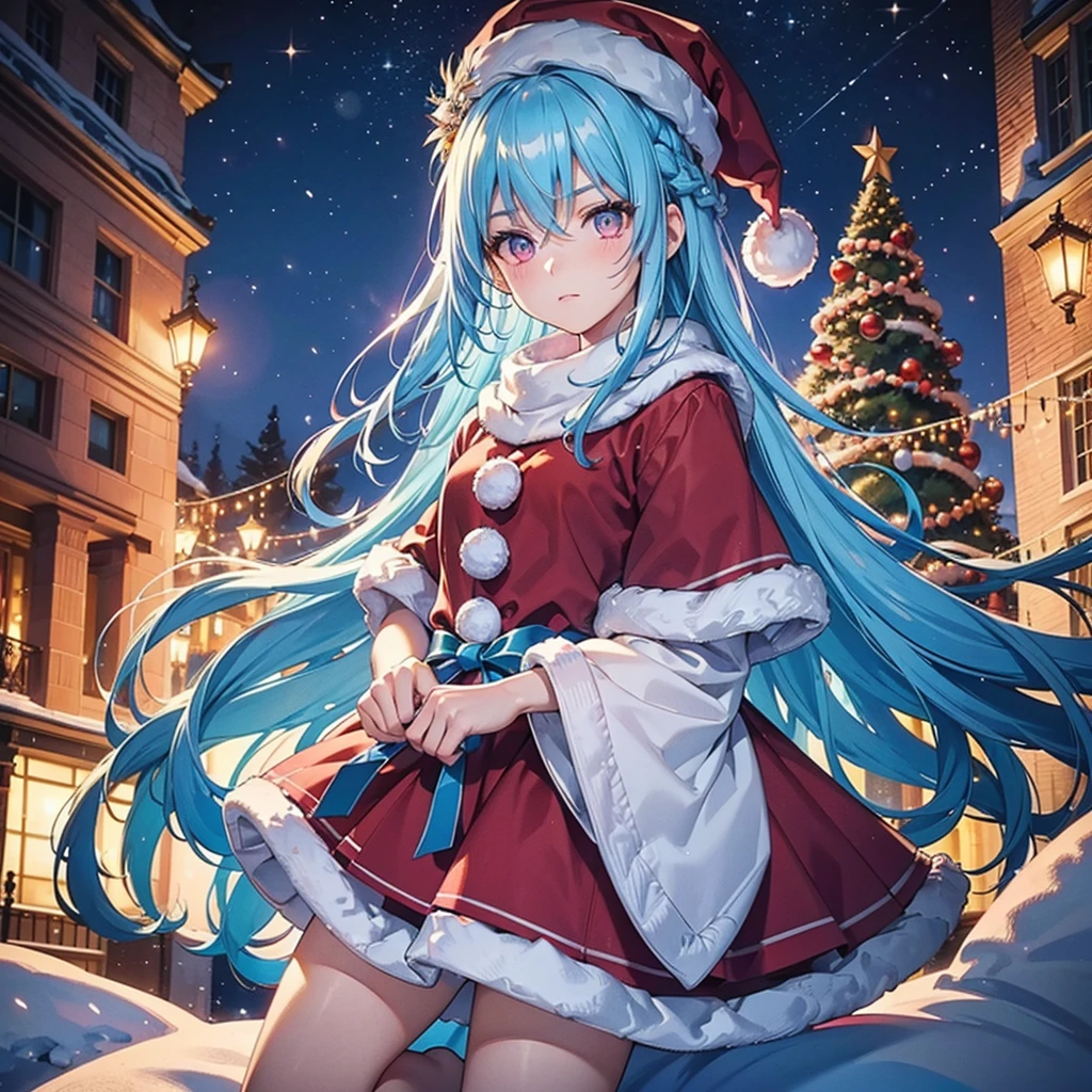 (Sky Blue Hair),(Braided Hair),(Pink Eyes),(Fair Skin),(Full Body),(Alone),(Santa Claus Clothes),(Giant Christmas Tree in the Background),(Snowy Night),Sparkling Night Sky,(Masterpiece, Top Quality, Very Detailed, Best Shadows),(Detailed Background),(Beautifully Detailed Face),High Contrast,(Best Lighting, Very Delicate and Beautiful),((Cinematic Light)),Hyper Detail,8k,Dramatic Light,Exquisite Detail,