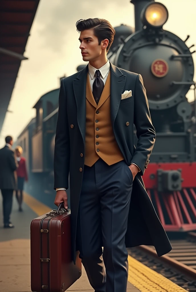 A tall young black-haired white man in a suit boarding an old train with suitcases. Set in 1800