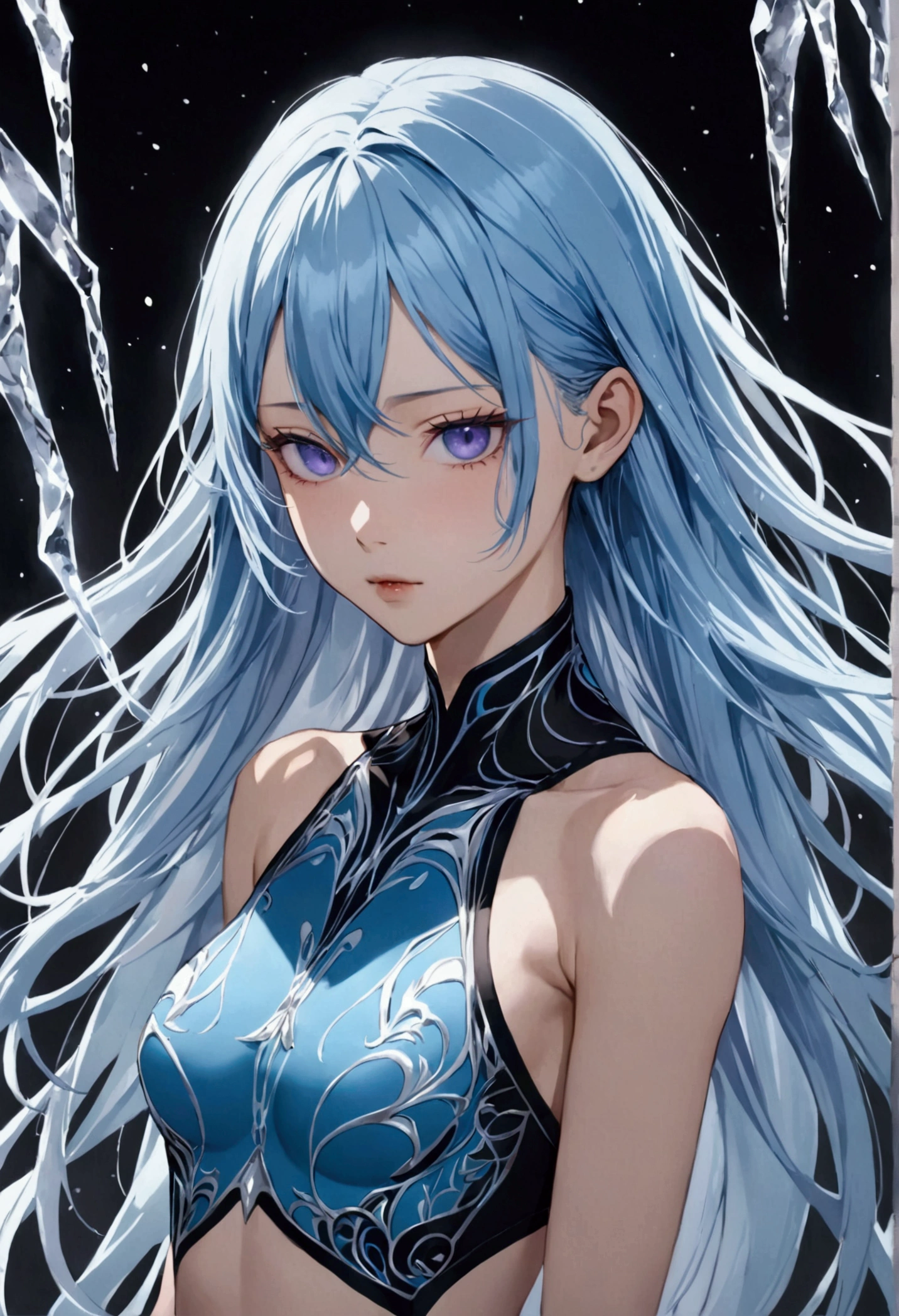 A young woman with long icy blue hair,purple eyes, slender and athletic built, detailed body, detailed eyes, masterpiece, best quality, aesthetic