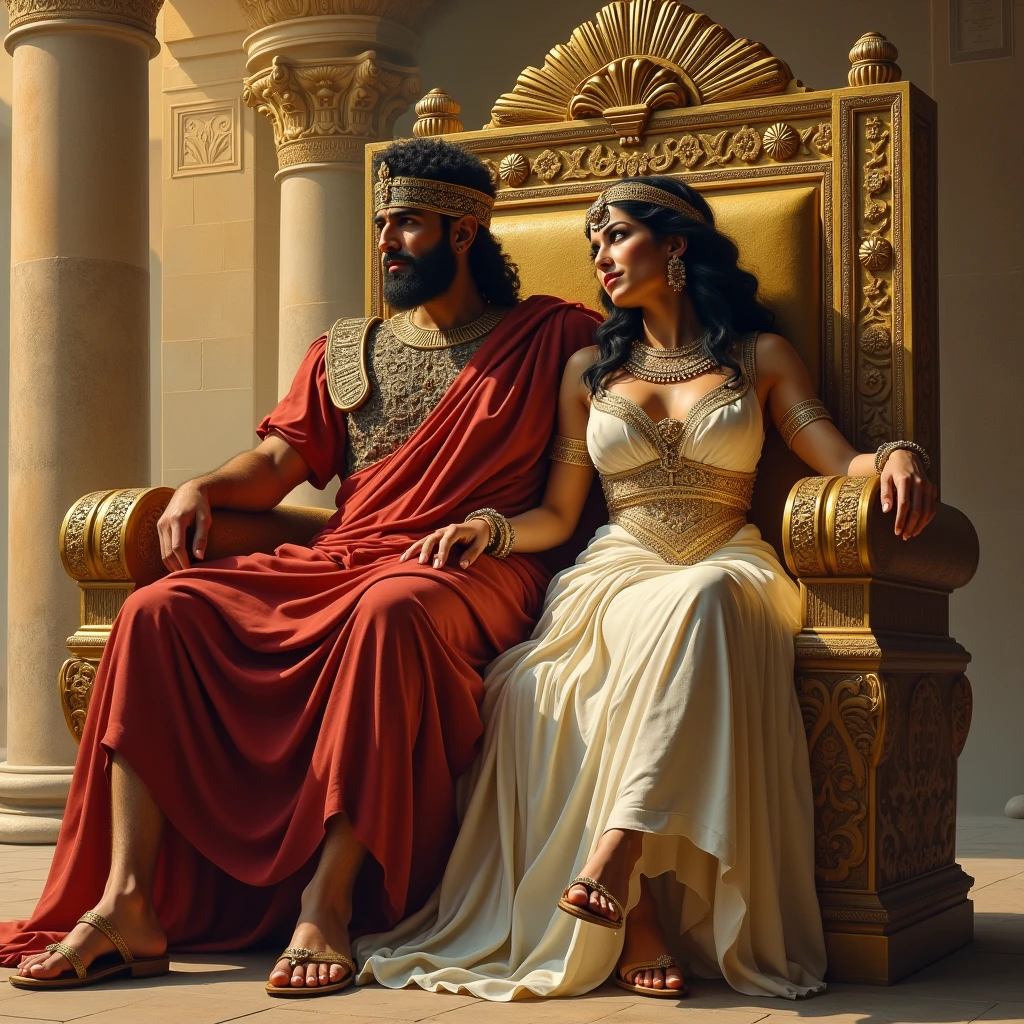 Caesar and Cleopatra sitting side by side on the throne