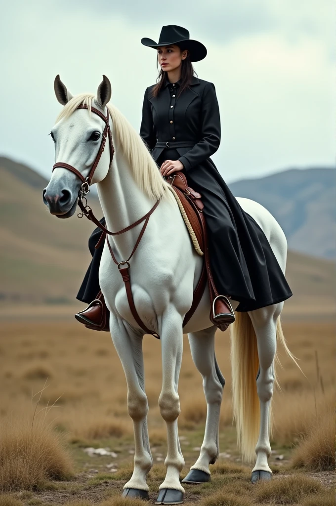 White horse with light brown saddle, rider on horse with black shirt and black hat