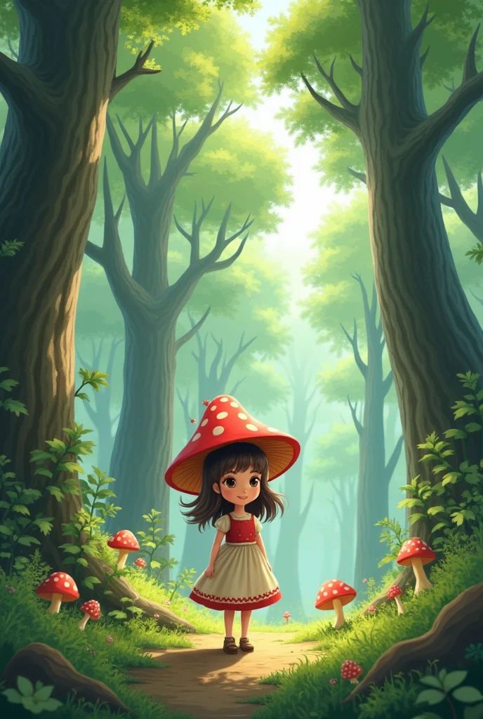 Medium level drawing, Girl with mushroom hat standing in majestic forest 