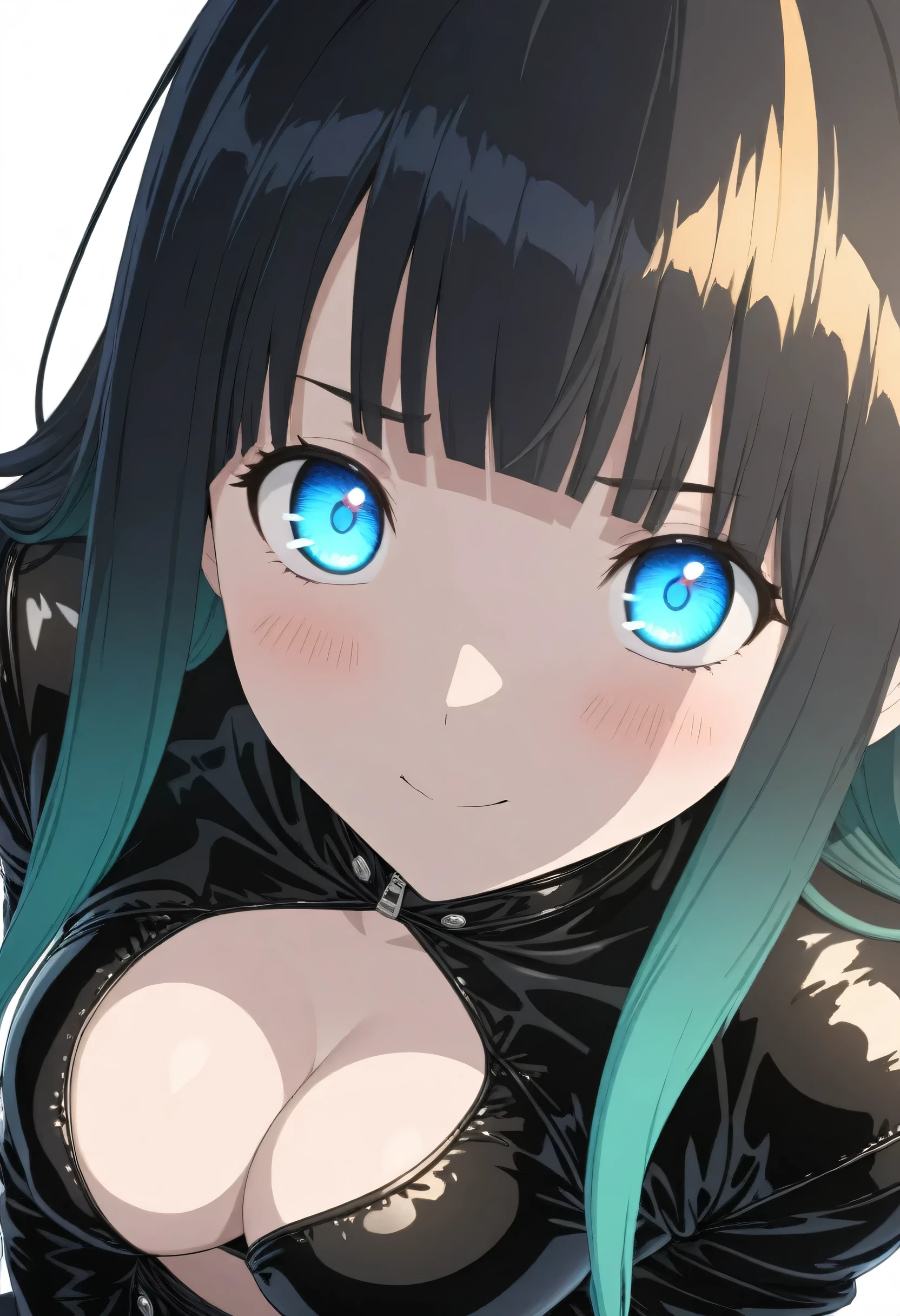 One Girl、blue eyes、White Line Gradient Hair、Bangs are straight,Detailed Background, masterpiece,Small ???????、 Highest quality, smile, ornament,Portraiture, Blue Neon, Glowing Eyes, Highest quality, ((Expressionless))、Get angry、Frowning、One Girl,(((Beautiful black hair color)))、(Emerald Blue Eyes:1.5), , Yellow hair growing on the eye, (?????????????:1.2), break looking at viewer, break indoors, break (masterpiece:1.2), Highest quality,High resolution, (shape:0.8), (Beautiful and beautiful eyes:1.6), Highly detailed eyes, Perfect lighting, Detailed CG, (Perfect hands, Perfect ???????)Haa、Embarrassing expression(1:2)、Rough I breatheing、(((White Background)))、White Background、Red face、blush、Embarrassing、((Vtuber model)),whole body、I breathe、Life-size model、panic、Platform boots、panic、((whole body))、Perfect hands、Perfect hands、Platform boots、Enamel Hair、Patent leather boots、Enamel Setup、Black patent leather tight jacket、Black patent leather tight skirt、Shiny Hair、Serum、Shiny、(((Shiny Hair)))、Shiny Hair