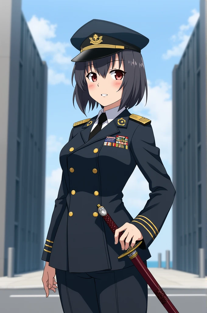 Asashio Kai Ni-D from the Kantai Collection world line in front of the main gate of the naval base、He is standing with a military sword and a Japanese sword hanging from his waist.。
