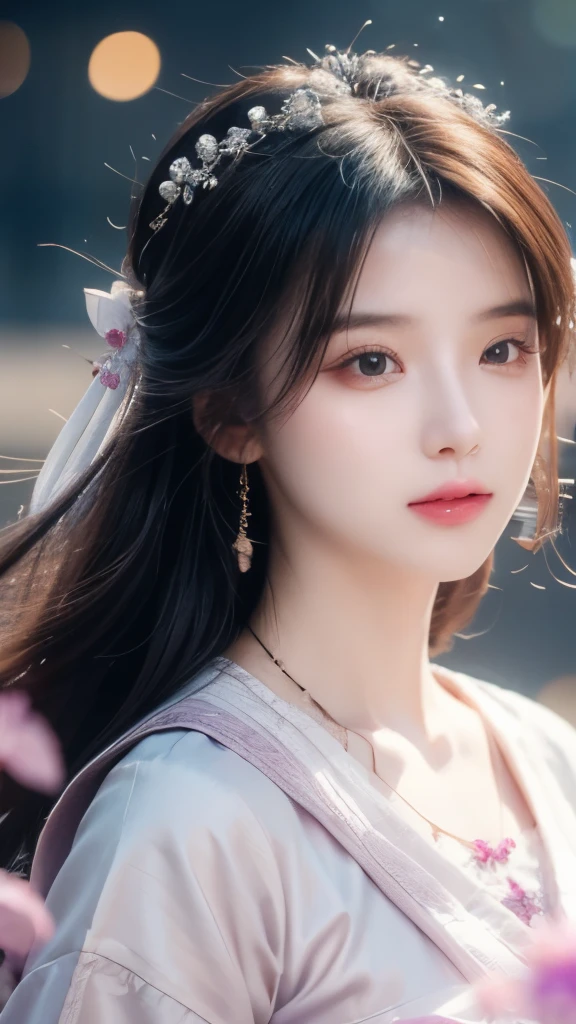 best quality, masterpiece, high resolution, wuxia1girl,blush,(Charming smile:0.8),Star-shaped pupil,china hanfu,Hair accessories,necklace, Jewelry,Pretty Face,more than_Body, Tyndall effect,lifelike, Dark Studio, Edge lighting, Two-color light,(High Detail Skin:1.2), 8K Ultra HD, SLR camera, Soft Light, high quality, Volumetric Lighting, frank, photo, high resolution, 4K, 8K, Bokeh,Surrounded by blooming purple flowers