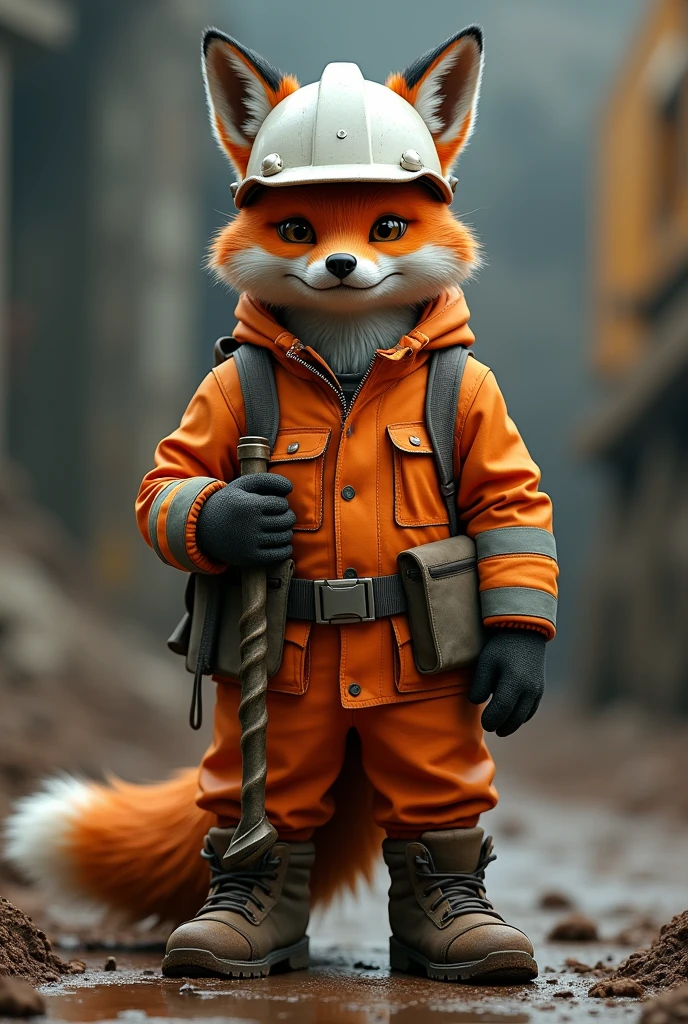 Culpeo fox dressed as a miner with a white helmet, orange jacket and safety shoes, full body with a drilling crown