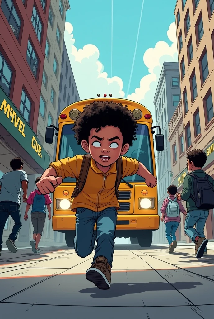 Imagine being a kid chasing a bus because it left you at the station, do it in the style of Marvel comics