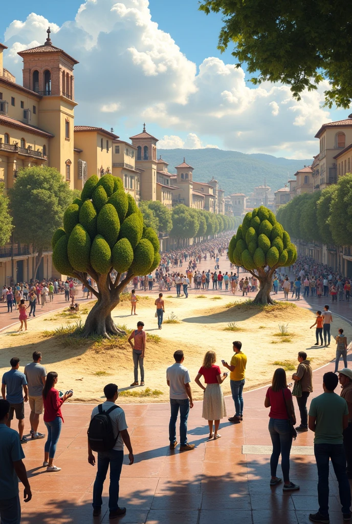 People in a plaza looking at a patch of arid land containing scattered avocados
