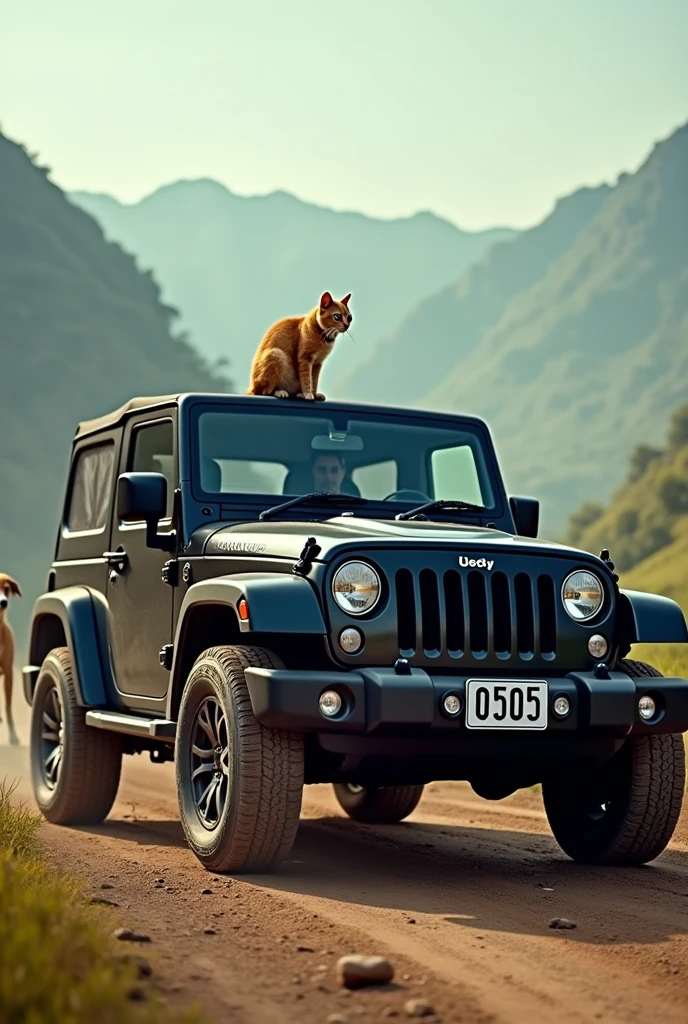 Black Mahindra Thar car , dirt car , hills background, cat on hood , for phone wallpaper,dog standing next to car wheel, 0505 number on licence plant 