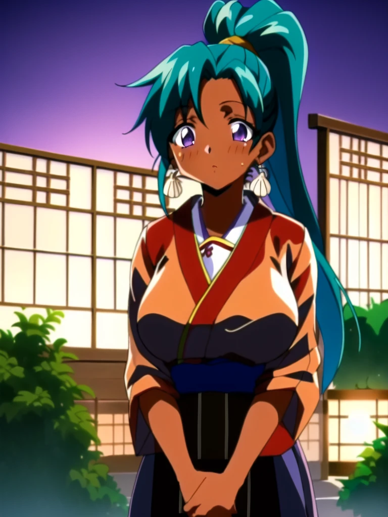 (masterpiece, Highest quality), 1 person, Marine, Dark Skin, Brown Skin, (blue-green hair color, bangs, ponytail), Purple eyes, lipstick, Seashell earrings,  Large Breasts, Cleavage, (Japanese Black Serafuku Uniform), Are standing, Outdoor, garden, heavy rain, at night, View your viewers , Kotobuki