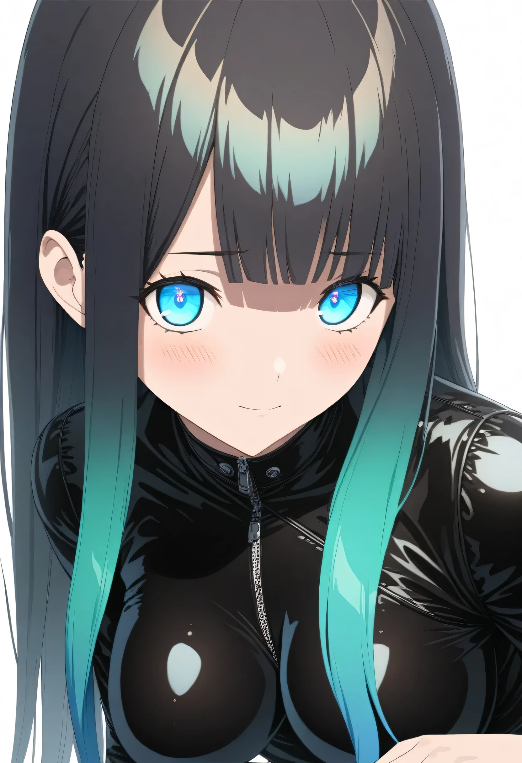 One Girl、blue eyes、White Line Gradient Hair、Bangs are straight,Detailed Background, masterpiece,Small breasts、 Highest quality, smile, ornament,Portraiture, Purple Neon, Glowing Eyes, Highest quality, ((Expressionless))、Get angry、Frowning、One Girl,(((Beautiful black hair color)))、(Emerald Blue Eyes:1.5), , Yellow hair growing on the eye, (Large Breasts:1.2), break looking at viewer, break indoors, break (masterpiece:1.2), Highest quality,High resolution, (shape:0.8), (Beautiful and beautiful eyes:1.6), Highly detailed eyes, Perfect lighting, Detailed CG, (Perfect hands, Perfect Anatomy)Haa、Embarrassing expression(1:2)、Rough I breatheing、(((White Background)))、White Background、Red face、blush、Embarrassing、((Vtuber model)),whole body、I breathe、Life-size model、panic、Platform boots、panic、((whole body))、Perfect hands、Perfect hands、Platform boots、Enamel Hair、Patent leather boots、Enamel Setup、Black patent leather tight jacket、Black patent leather tight skirt、Shiny Hair、Serum、Shiny、(((Shiny Hair)))、Shiny Hair