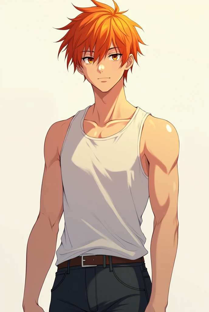 A tall orange-haired boy with amber eyes and light pearly skin and is fit and quite aesthetic to look at anime version