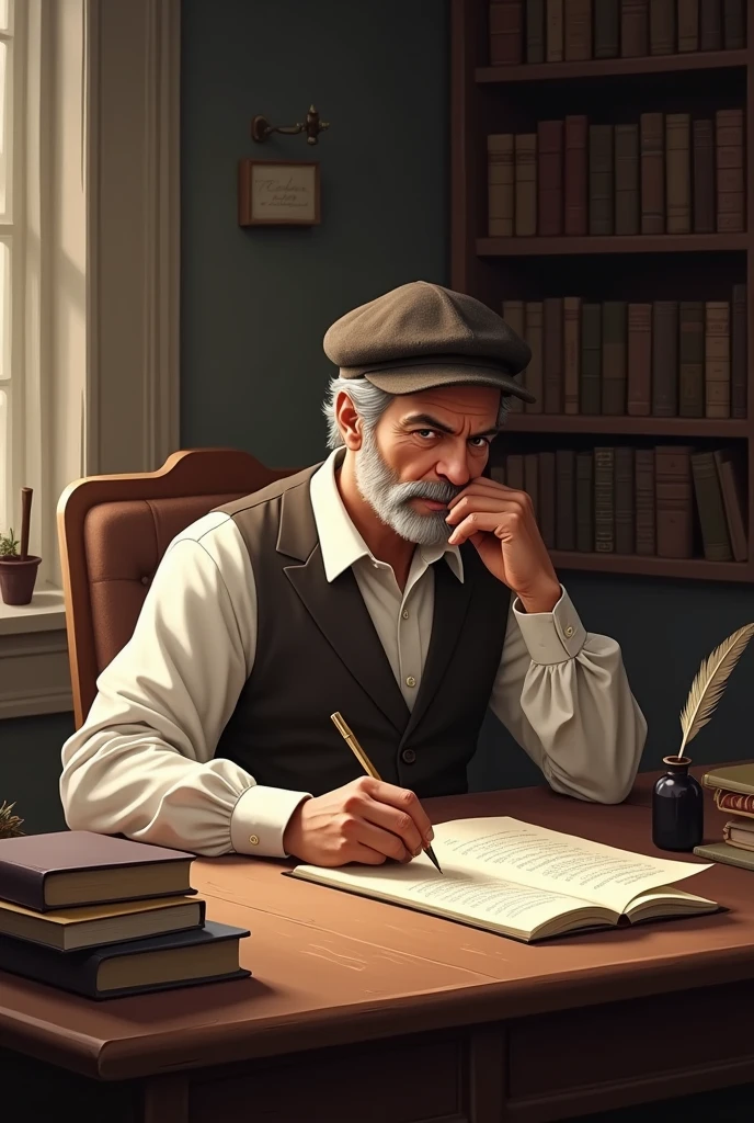 A handsome man in his fifties, sitting at his desk and writing poetry, wearing a mailer hat.