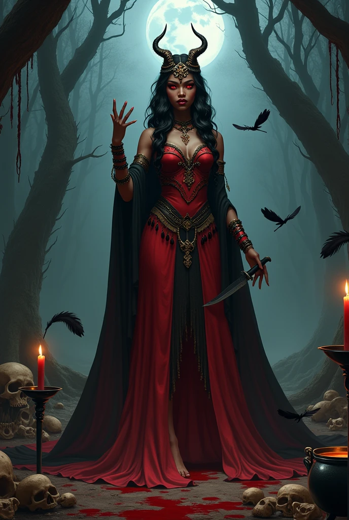 (photorealism:1.2), black beautiful african woman, goddess queen hell, Chandeliers. candles, long wavy fur, wind. Macabre humorous laughter, evil, blood on hands. Cigarettes, glass of champagne, cauldron, Red eyes. corona, black feathers, Skins, black goat, dead men, spirits, cemetery, red cape, shoulder pads, naked, trident, Knives, men watching, naked naked woman, african , illuminated, mucho wind fuerte , keys, jewelry, full moon