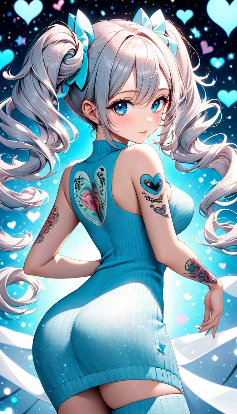 looking back, cute woman, fluffy spiral curl twin tails, blue eyes, attractive and seductive face, make-up, covered in tattoos, wearing tight-fitting knit dress, superlative body proportion, background Tiffany Blue, notes effects, star effects, heart effects, glitter effects, 2.5D, delicate and dynamic, graphic CG digital art