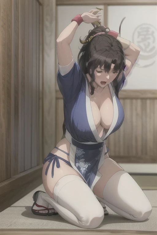 masterpiece, best quality, beautiful art, high resolution, well formed hands, body and fingers, 1 woman, solo,Kaoru  Tanamachi, 31 years old, hair ornament,  adult, grown up, big breasted, cleavage,  full body, braided long hair, blue_japanese_clothes, wearing DOA Kasumi's blue kunoichi dress, sexy and skimpy japanese clothes, kimono peek, sleeveless, panties peek, white stockings, gorgeous legs and thighs, ryona , in peril, she is being beaten up by her opponent, she is knocked down and she is slapped in the face , she is pushed against the wall,  being humiliated by her opponent, receiving the impact of her opponent's attacks, closed eyes, screaming in pain and agony, heroine in peril, ryona and perilous scene, bouncing breasts, weak and helpless, martial arts tournament on the beach                         