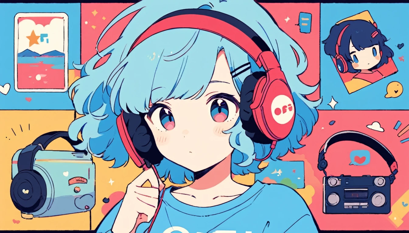 a cartoon girl with headphones on and a blue shirt, lofi girl, lofi portrait, with headphones, retro anime girl, an anime girl, (anime girl), anime vibes, anime girl, anime style illustration, wearing headphones, flat anime style, anime illustration, lofi artstyle, anime aesthetic, anime visual of a cute girl, lofi art