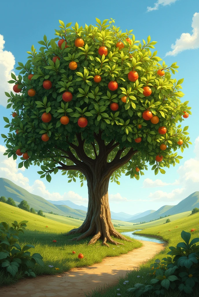 Create an image about the parable of: The tree is known for its fruits. 