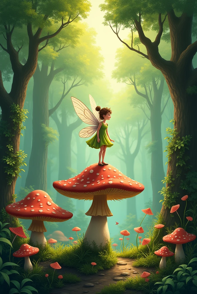 Medium level drawing, fairy with mushroom hat standing in majestic forest 