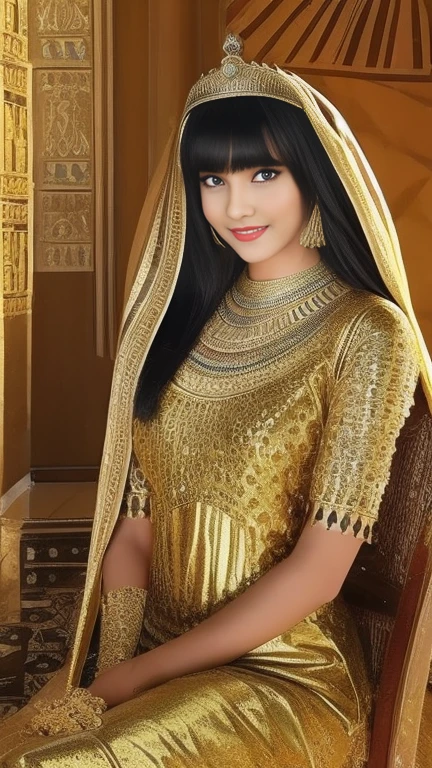 beautiful egyptian woman、With bangs、Toothy Smile、cleopatra、sexy body、Egyptian traditional decorations and costumes、inside a stone palace、Is sitting on the throne、loved by many people