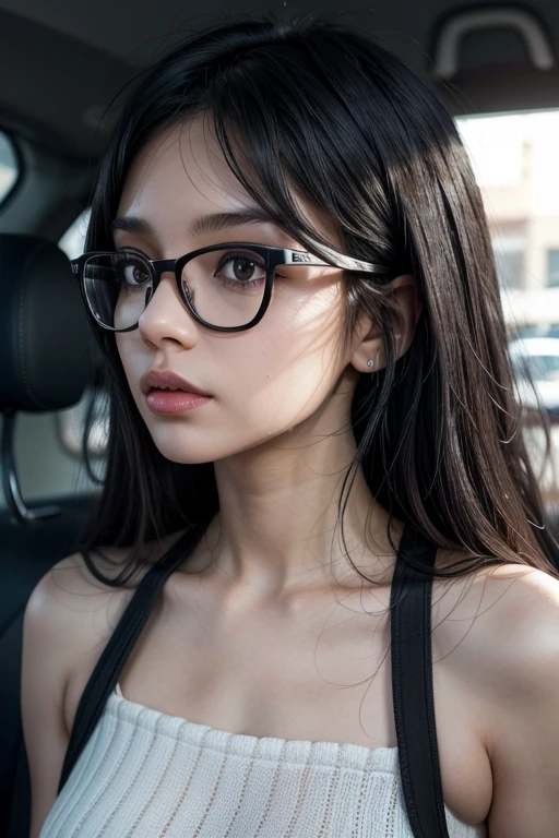 a mixed race woman with black layered hair and glasses with a silver tuned car 