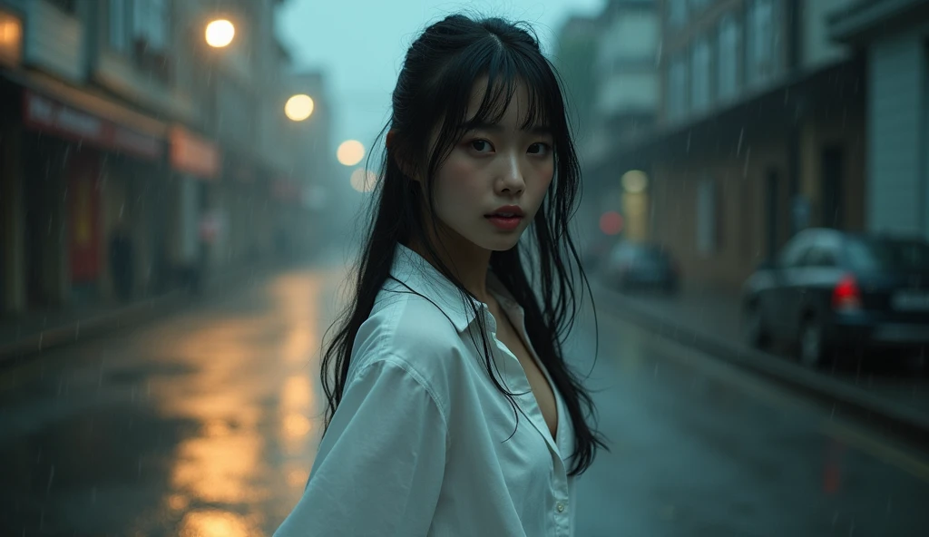 waist-length hair 30yo korean woman at a rainy road city, (waist-length hair:1.8), looking a viewer wearing white unbutton shirt. bare foot. wet skin. realistic skin style, detailed skin pore. Black dark very Long messy slick back stylish hair, poreless skin and natural makeup, long dark hair in a messy yet stylish way. A dimly lit background, moody rainy day, vignetted, Dramatic natural ambience light, cinematic lighting, strong backlighting and rim lighting, creating a sense of depth and atmosphere, with bokeh highlights and film grain adding texture. Color scheme: A muted, desaturated color palette with deep shadows and warm highlights, evoking a sense of nostalgia and melancholy. Atmosphere: An air of mystery and intrigue, with a hint of tension and anticipation. Actions: The woman is captured mid-movement, her body contorted in an elegant yet powerful ballet pose, her muscles taut and her expression intense. Objects: A few scattered props, such as a worn ballet barre or a discarded pair of pointe shoes, adding to the sense of authenticity and history.