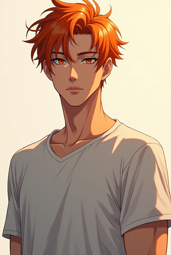 A tall orange-haired boy with amber eyes and light pearly skin and is fit and quite aesthetic to look at anime version