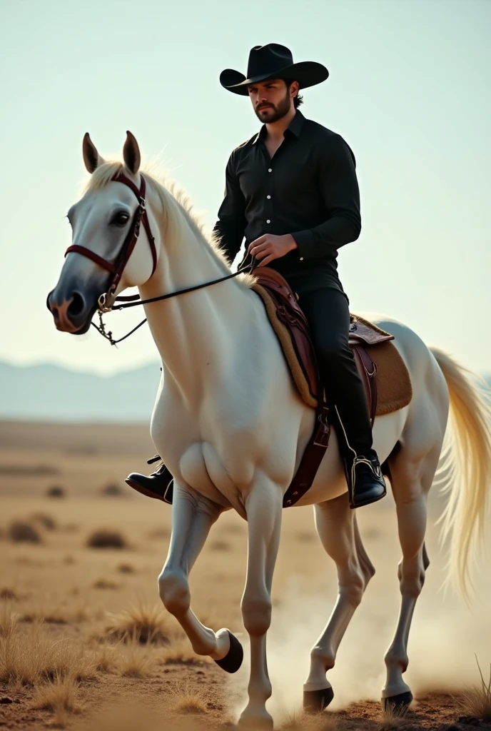 White horse with light brown saddle, male rider on horse with black shirt and black hat