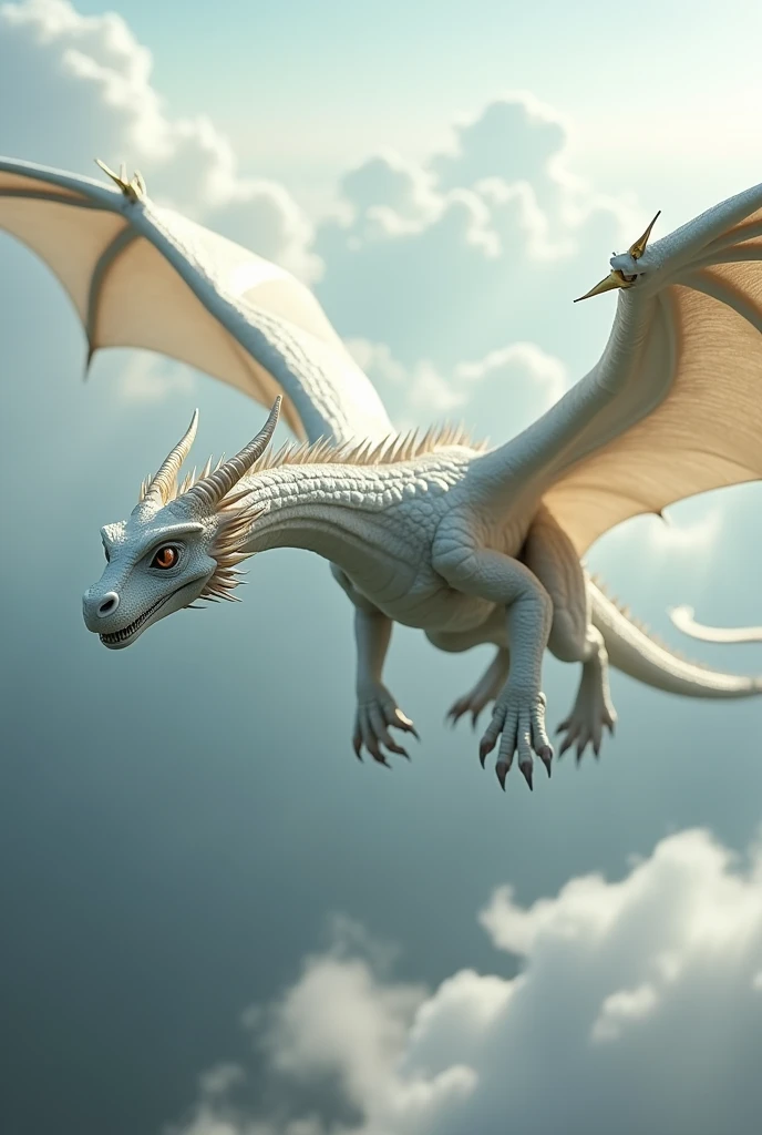 A screen savier  photorealism ,beautiful dragon,cute eyes, with a realistic dragon,  white color,hairy ,flying 