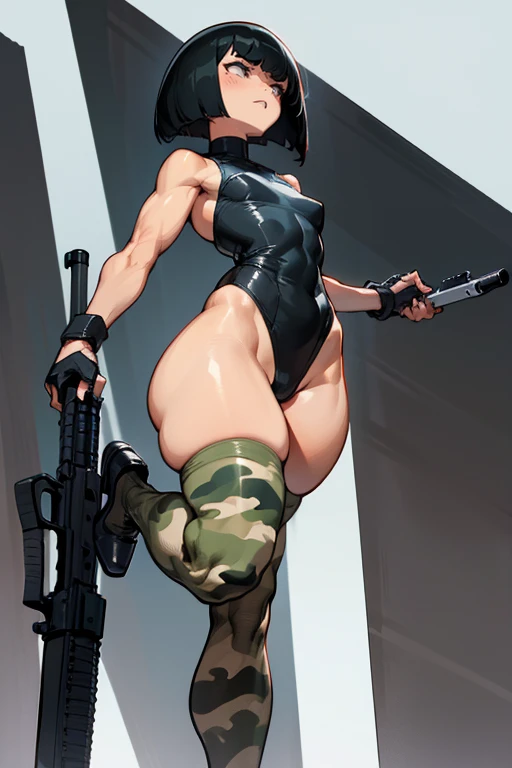  thick hips,  thick thighs, platform  heels, high cut leotard, flat chest, thin waist, bob cut hair, weapon, tanned skin, gun, angry look, military camouflage, scream, thick body, fitness, stockings, high platform heels,