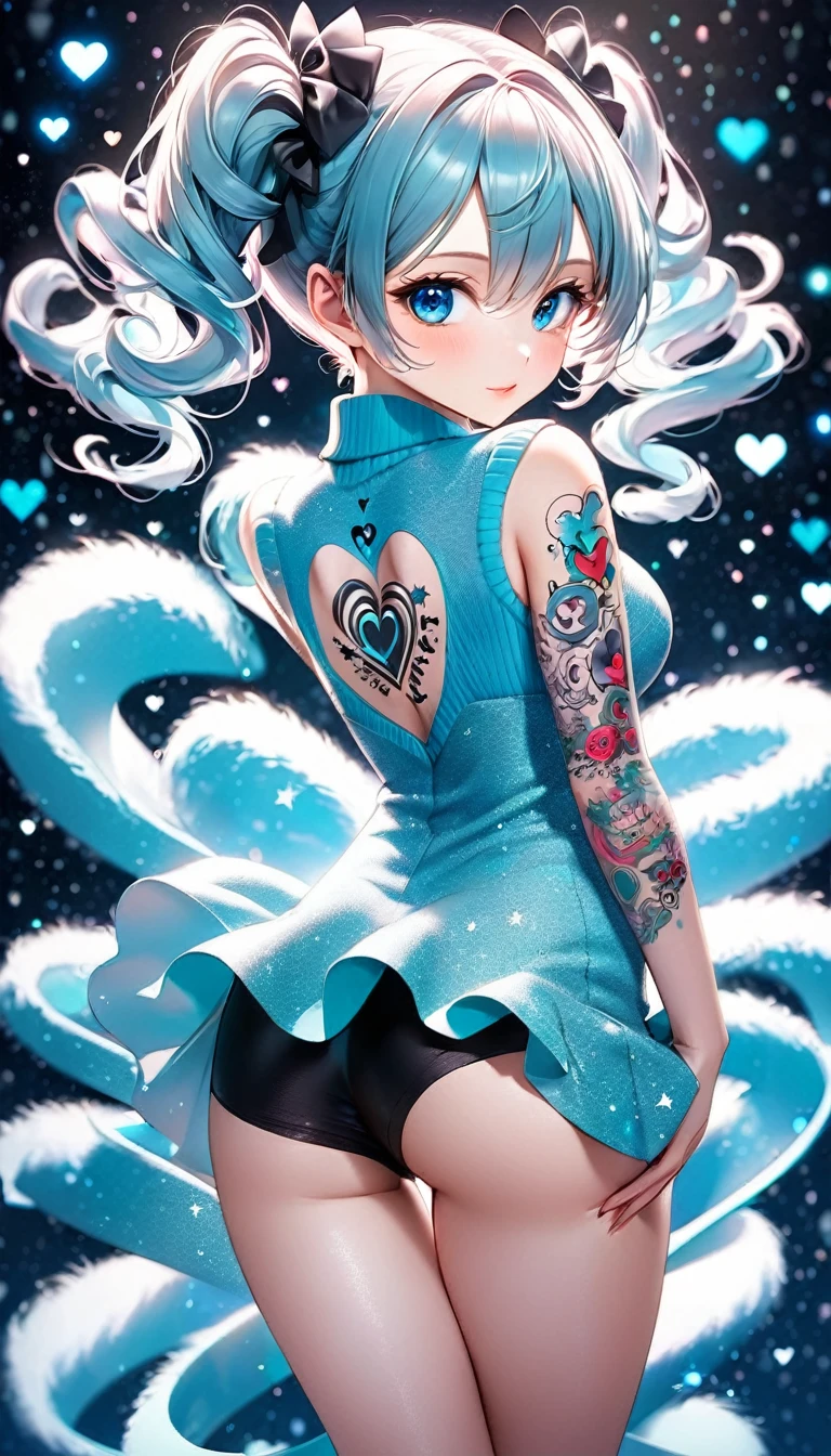 looking back, cute woman, fluffy spiral curl twin tails, blue eyes, attractive and seductive face, make-up, covered in tattoos, wearing tight-fitting knit dress, superlative body proportion, background Tiffany Blue, notes effects, star effects, heart effects, glitter effects, 2.5D, delicate and dynamic, graphic CG digital art