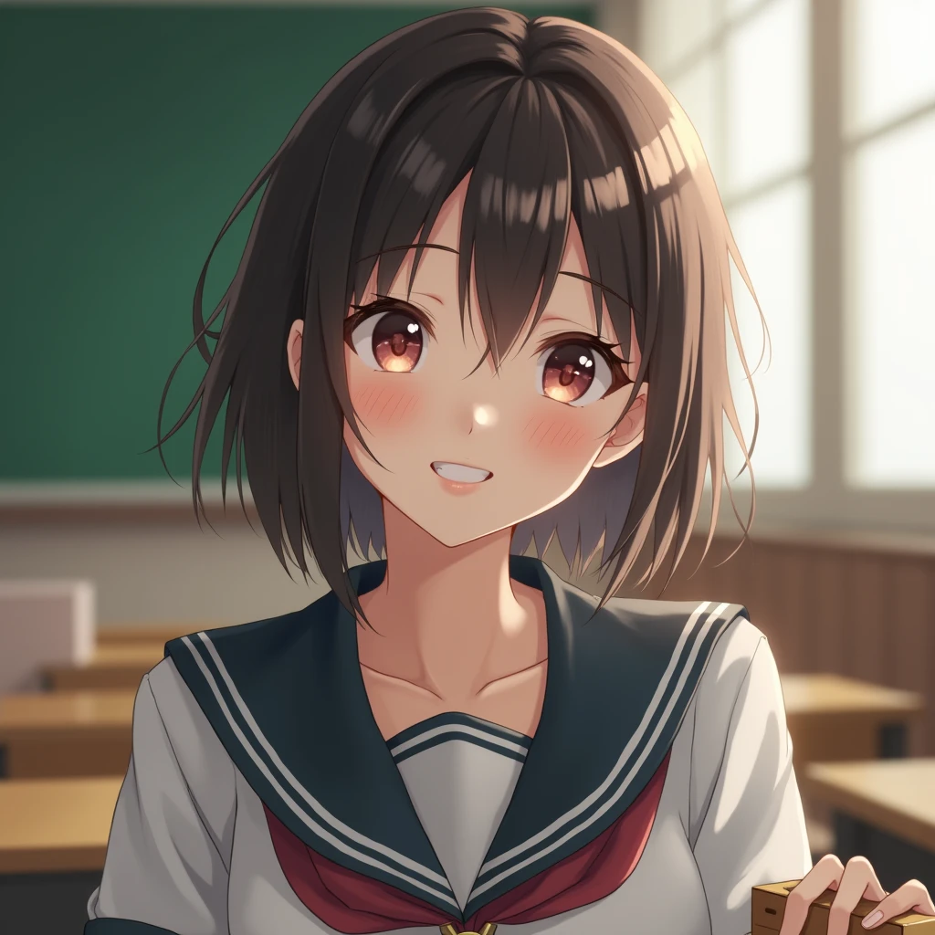 Highest quality, Face Focus, Soft Light, Ultra-high resolution, (Realistic:1.4), RAW Photos, One of the Japan, alone, cute, (pupil, light in your eyes), Beautiful face in every detail, (Small Box),(High resolution detail of human skin texture), (Medium-long hair),In the classroom , Wearing a high school uniform, (Portraiture),smile