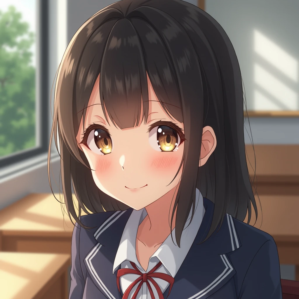 Highest quality, Face Focus, Soft Light, Ultra-high resolution, (Realistic:1.4), RAW Photos, One of the Japan, alone, cute, (pupil, light in your eyes), Beautiful face in every detail, (Small Box),(High resolution detail of human skin texture), (Medium-long hair),In the classroom , Wearing a high school uniform, (Portraiture),smile