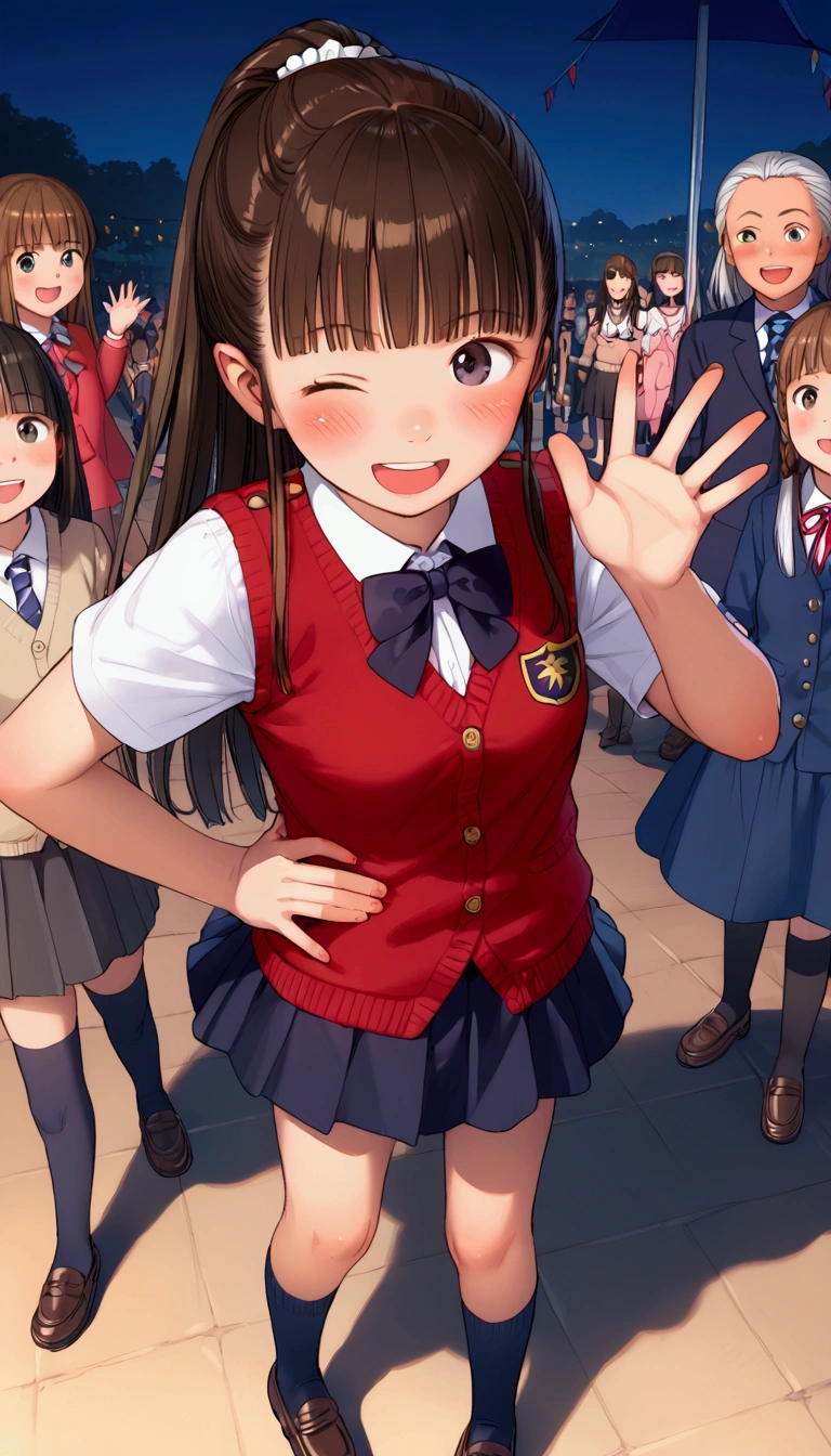 {Highest quality}, {Super beautiful},{Ultra fine},{Best illustration},Brown Hair,Hime cut,long hair,ponytail,One woman,Standing Woman,Strike a pose,Adult women,smile,Excited face,Wink,uniform,cardigan,Short sleeve,skirt,Night Festival,Blushing,Slender,Black knee-high socks,Black Loafers,From an angle,From above,Spread your legs,Waving with both hands,crowd