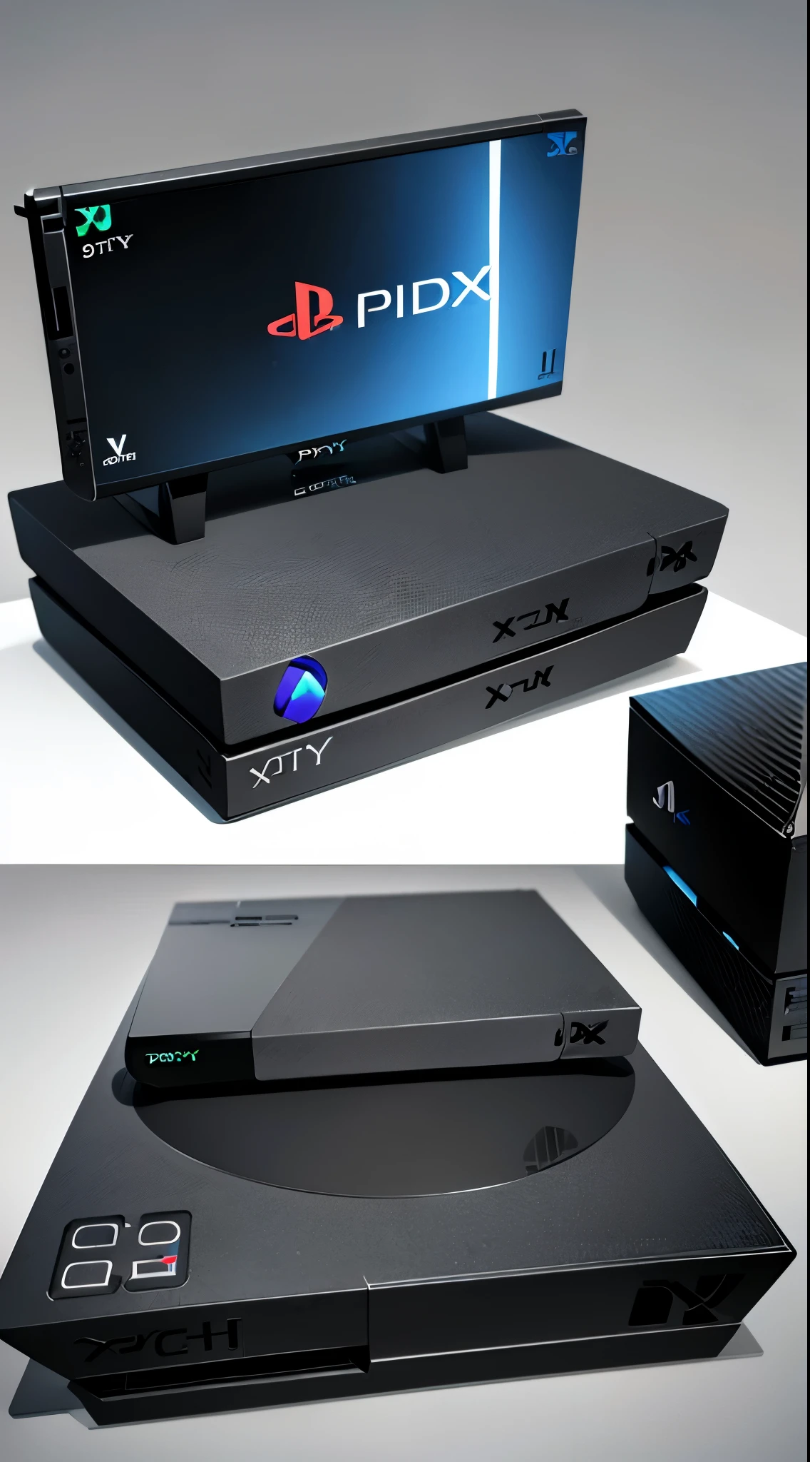 Game console, (NintendoSwitch combined with PlayStation and Xbox360), futuristic design, simple background, advertising game console, made of stone, ((stone monument design))