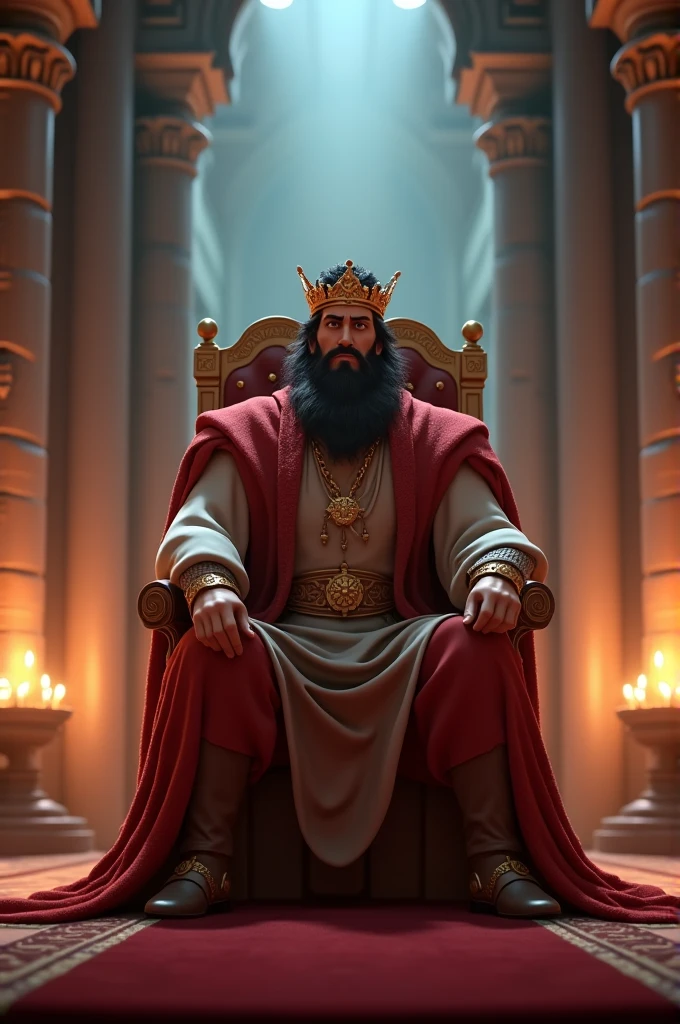 In 3d Animation style "**King Balveer contemplating**: The king deep in thought after hearing about the magical sword."